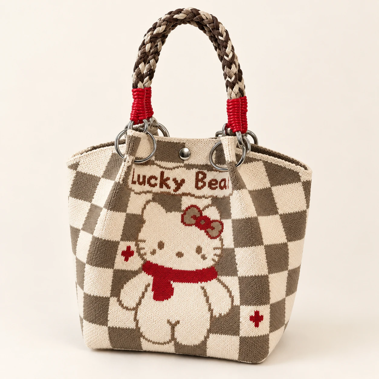 Lucky Check Character Knit Bag — AI-enhanced product image